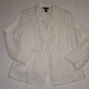 Anne Carson Linen Embroidered Lace Eyelet Single-Button White Blazer Jacket